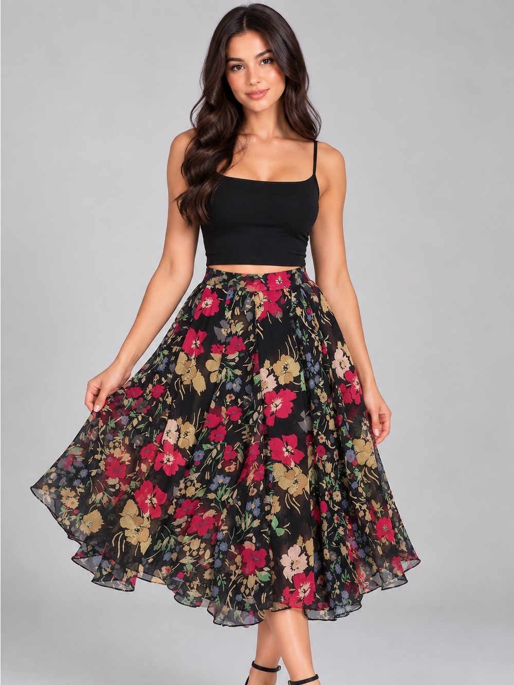 Ralph Lauren Floral Black Midi Skirt with Pink & Green Accents
